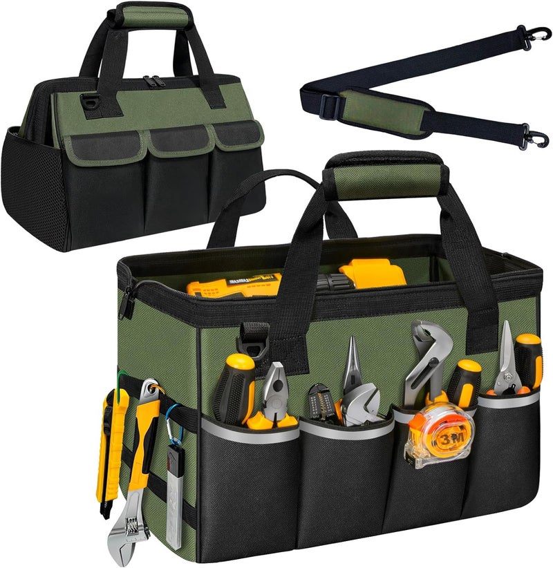 NECKORY Tool Bag, Portable Tool Box Organizer Adjustable Shoulder Strap, Carry Tool Tote Heavy Duty Tool Storage Bag With Wide Mouth,Tool Bags for Men Mechanic EngineerGift - L, Army Green & Black - Image 1